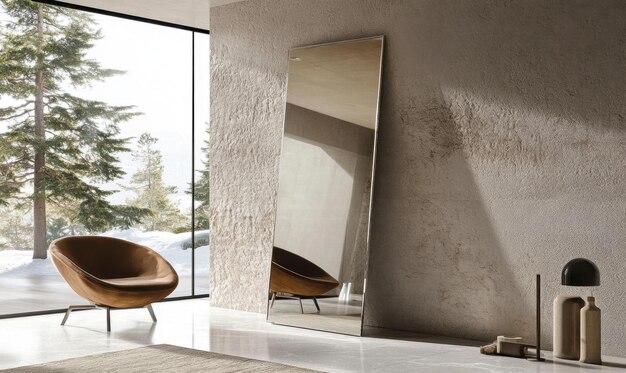 Photo modern interior design with large mirror and brown chair realistic image