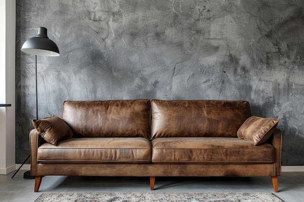 Photo modern interior design with a leather sofa and floor lamp against a textured wall