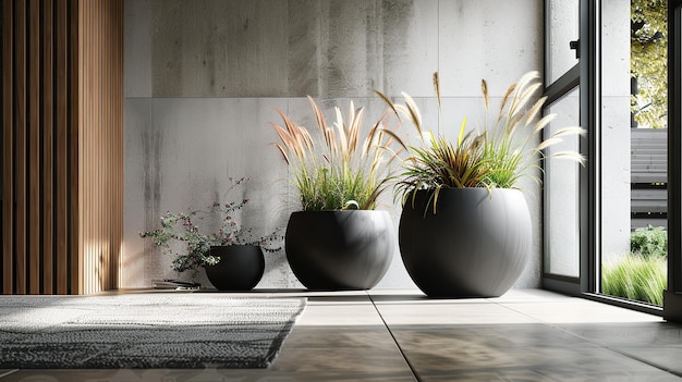 Photo modern interior design with plants and round pots