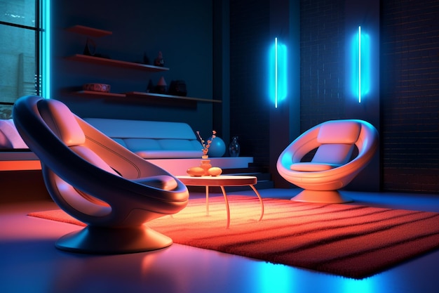 Modern interior futuristic living room night view with neon lights