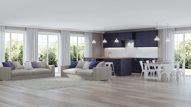 The modern interior of the house with a dark purple kitchen. 3D rendering.