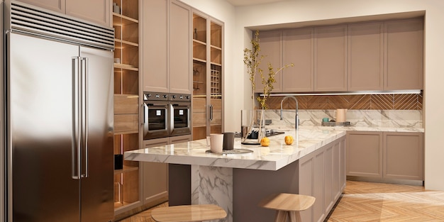 Modern interior of kitchen with living room