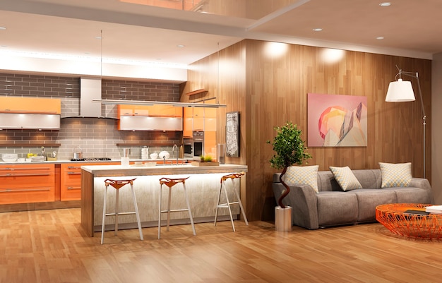 Modern interior of kitchen with living room