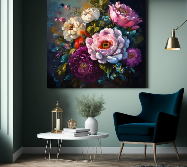 Modern interior living room background a rose bouquet.