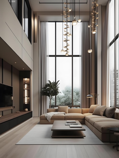 Modern interior living room filled with furniture and a large window in minimalism AI generation