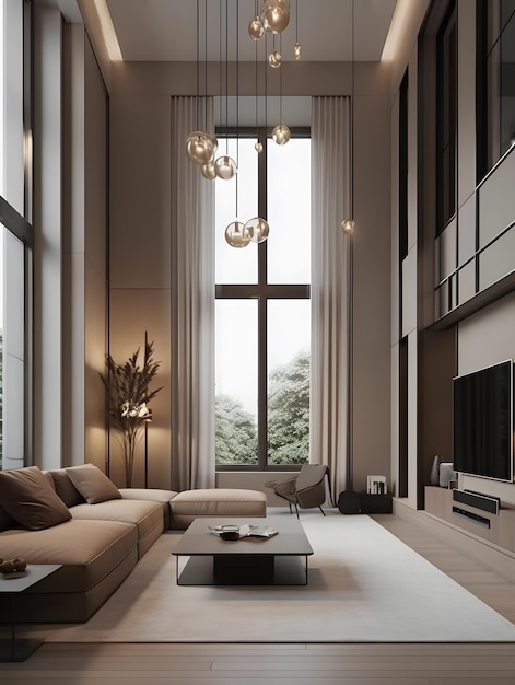 Modern interior living room filled with furniture and a large window in minimalism AI generation