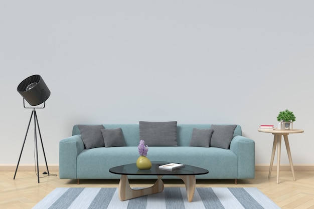 Modern interior of living room with sofa on wood flooring and white wall