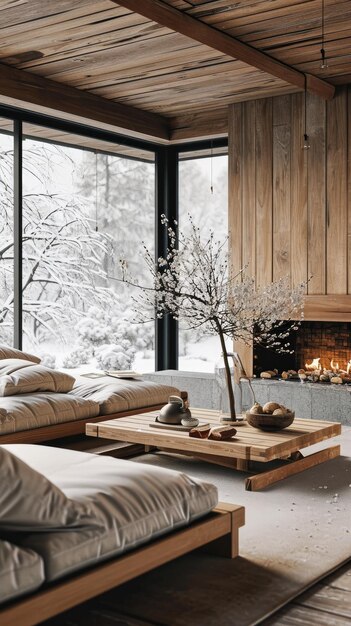 modern interior living room with wooden furniture and fireplace