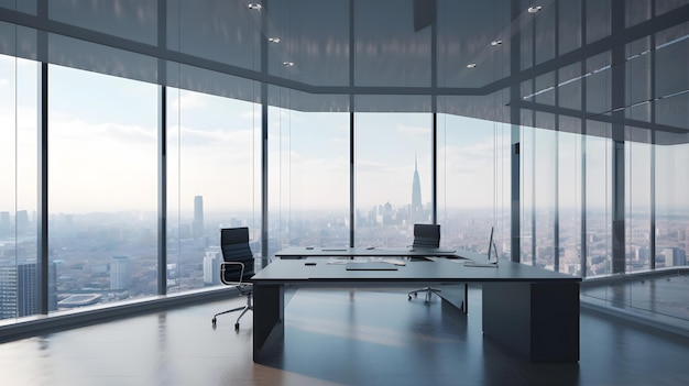 Modern interior office building empty space with big glass window skyline view