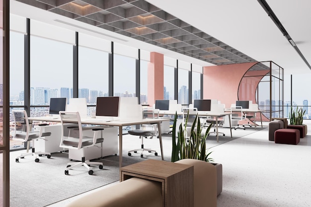 Modern Interior Open Office Workspace 3d Rendering