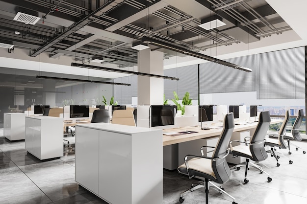 Modern Interior Open Office Workspace 3d Rendering