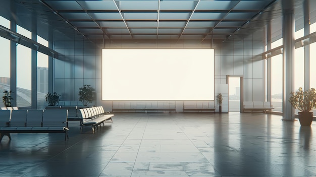 Modern interior of a spacious waiting area with large screen at sunrise