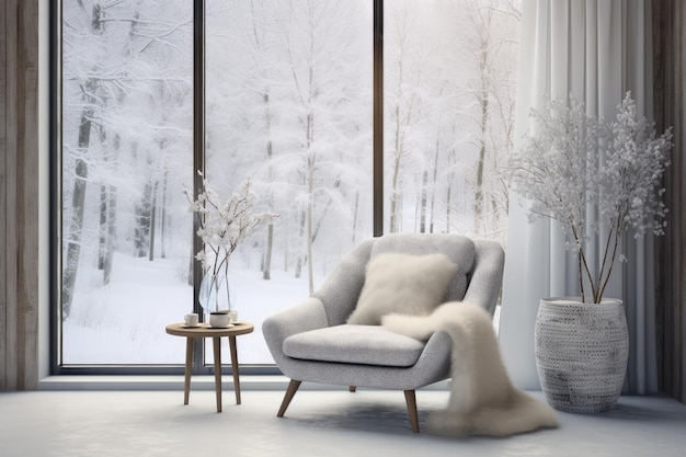 Modern interior style mixed with a vintage winter theme featuring a white chair