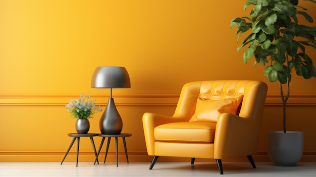 Modern interior wall mockup with armchair on empty yellow wall background