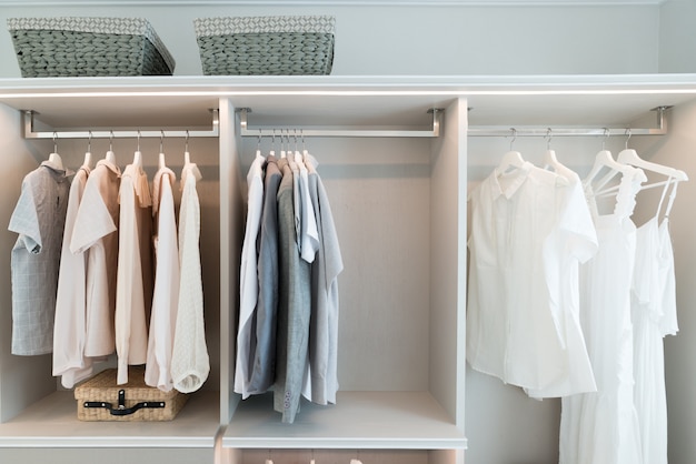 Modern interior wardrobe with shirt and dress in shelf.