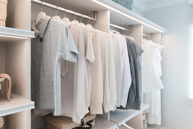 Modern interior wardrobe with shirt and dress in shelf.