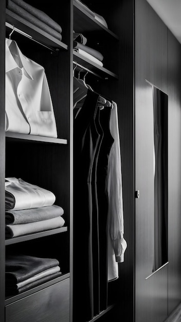 Modern interior wardrobe with shirt and dress in shelf