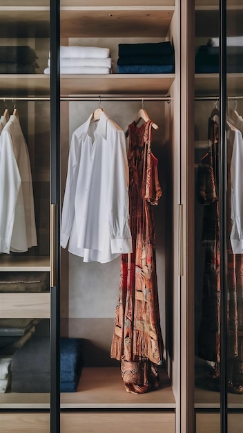 Modern interior wardrobe with shirt and dress in shelf