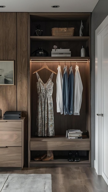 Modern interior wardrobe with shirt and dress in shelf