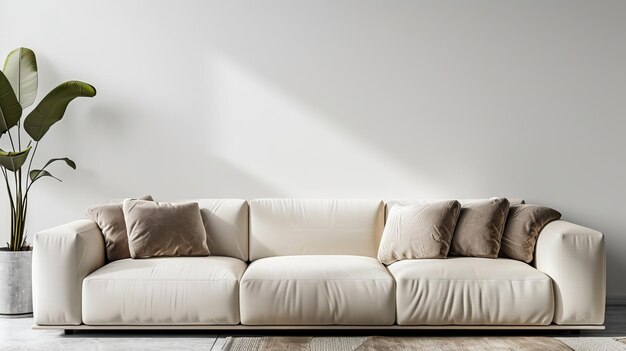 Modern interior with beige sofa and indoor plant