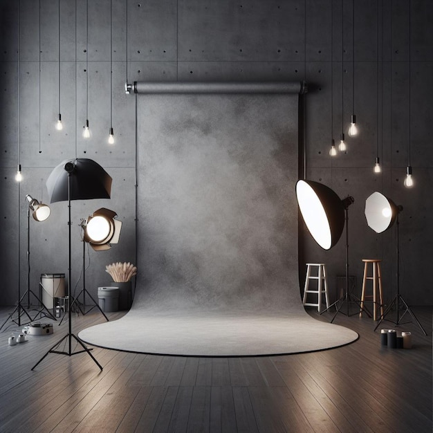 Modern interior with blank wall Photography studio or creative space Mock up