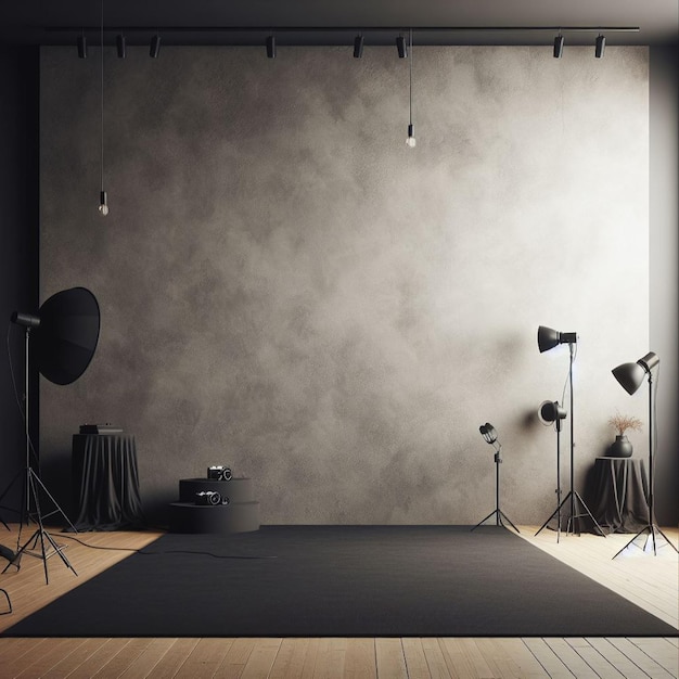 Modern interior with blank wall Photography studio or creative space Mock up