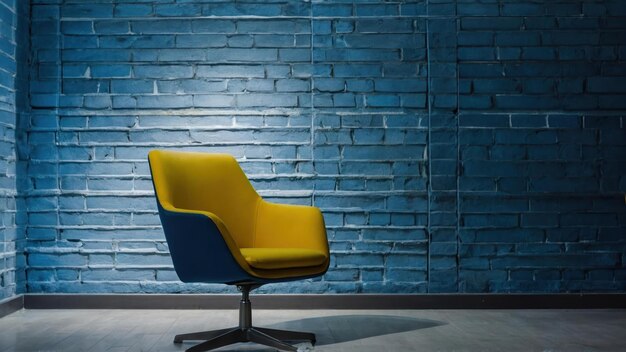 Modern interior with blue armchair and contrasting yellow wall design