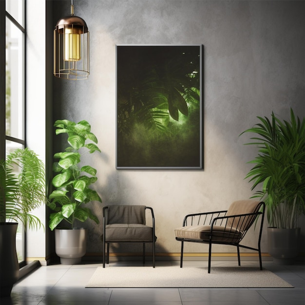 Modern interior with shalf plant and lamp Wall mock up 3d illustration