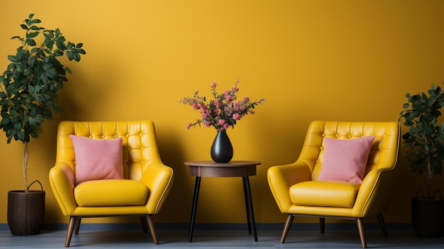 Modern interiors have yellow armchairs with blue and yellow wall background