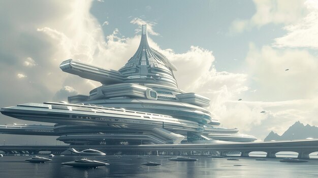 Modern Interstellar Spaceport Above Water Scene