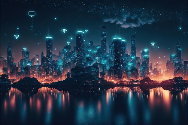 Modern iot city at night internet of things network concept created with generative ai