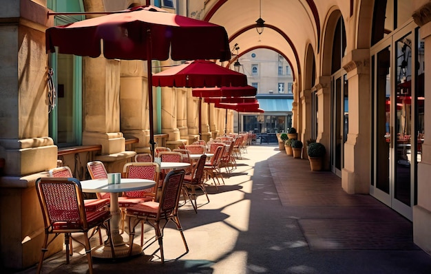 A modern italian street cafe with blue umbrellas and red chairs