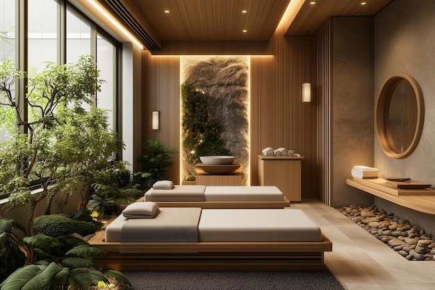 Modern Japandi spa design combining natural materials like wood stone and bamboo with warm