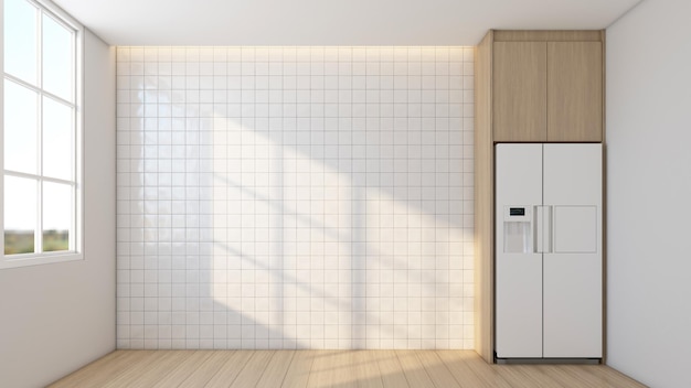 Modern japandi style empty room with minimalist builtin cabinet and refrigerator 3d rendering