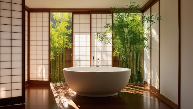 Photo modern japanese bathroom with bamboo and shoji screens