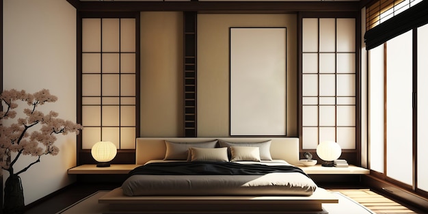 Modern japanese bedroom concept with poster mockup Generative AI