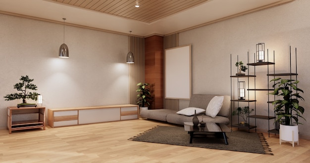 Modern japanese living room interior, sofa and cabinet table on room white wall background.3D rendering