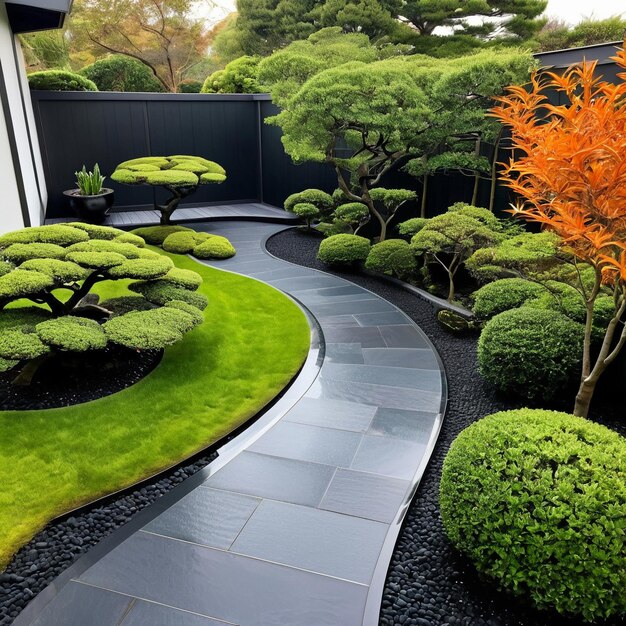 Modern JapaneseInspired Garden with Sleek Curved Pathway