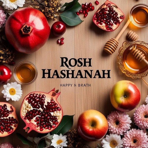 Photo modern jewish new year banner rosh hashanah flyer with honey apple and pomegranate happy shana tova background