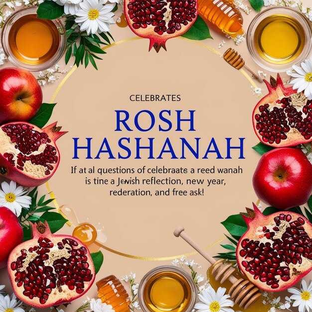 Photo modern jewish new year banner rosh hashanah flyer with honey apple and pomegranate happy shana tova background