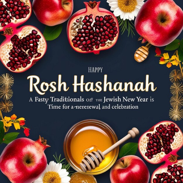 Photo modern jewish new year banner rosh hashanah flyer with honey apple and pomegranate happy shana tova background