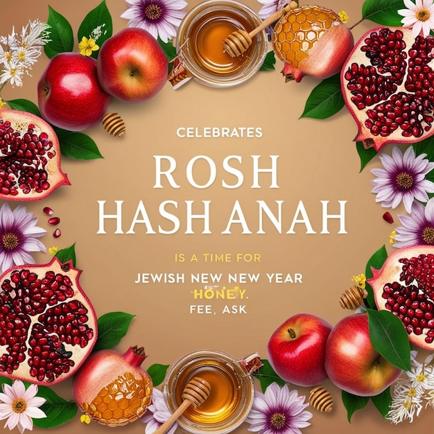 Photo modern jewish new year banner rosh hashanah flyer with honey apple and pomegranate happy shana tova background