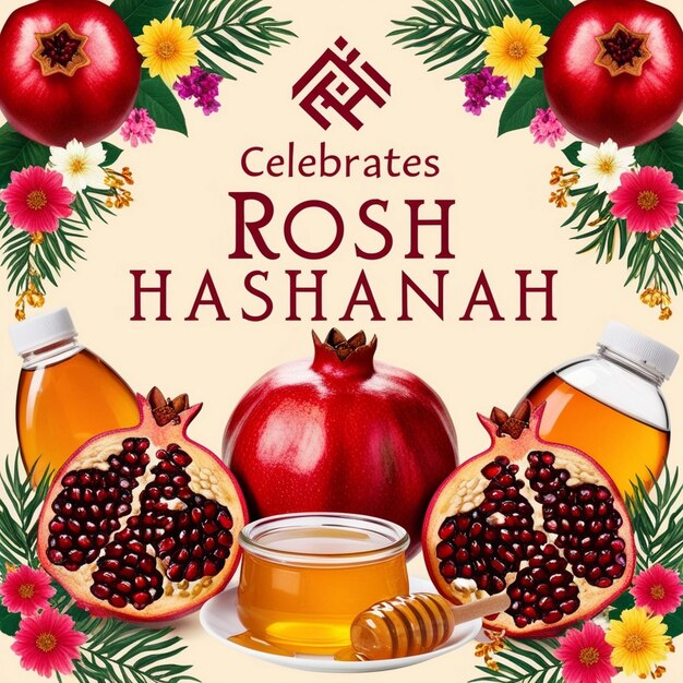 Photo modern jewish new year banner rosh hashanah flyer with honey apple and pomegranate happy shana tova background