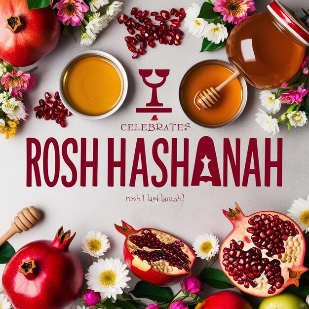 Photo modern jewish new year banner rosh hashanah flyer with honey apple and pomegranate happy shana tova background