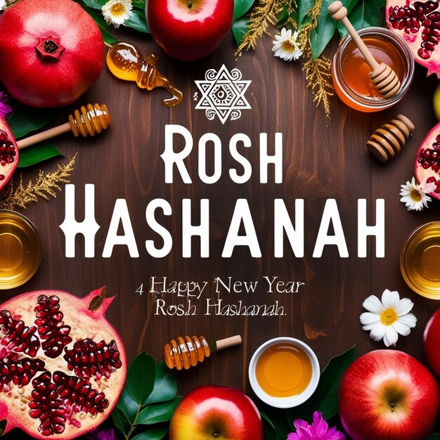 Photo modern jewish new year banner rosh hashanah flyer with honey apple and pomegranate happy shana tova background