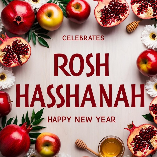 Photo modern jewish new year banner rosh hashanah flyer with honey apple and pomegranate happy shana tova background