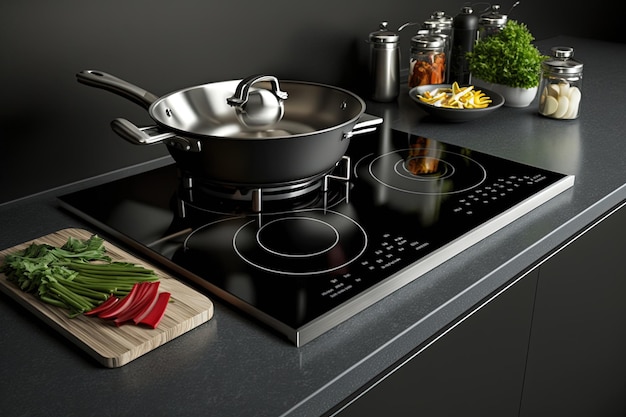 Modern kitchen appliance Induction stove with steel frying pan