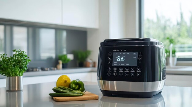 A modern kitchen appliance with a digital display surrounded by fresh vegetables