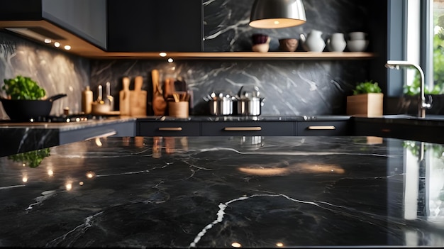 modern kitchen a black and white kitchen with a black marble countertop product photography