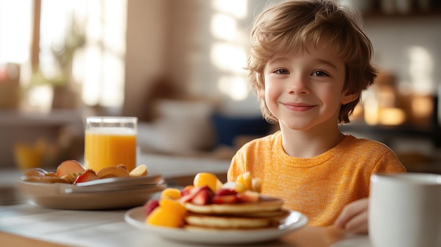 Photo modern kitchen breakfast fresh fruit pancakes and milk